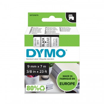 DYMO D1 lint 9mm x7m / must läbipaistval peal (40910 / S0720670)