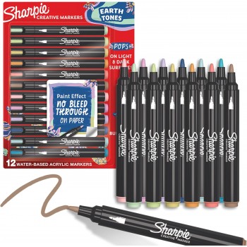 „Sharpie“ akriliniai žymekliai, žemės spalvų, 12 vnt. + priedai: knygų žymeklis, maišelis, raktų pakabukas