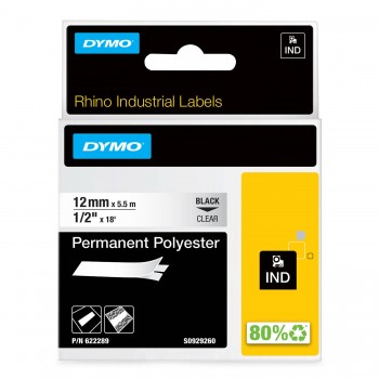 DYMO Rhino Poliesterio Juostelė tvirtai prilimpanti 12mm x 5.5m / juodas ant skaidrios (622289) 