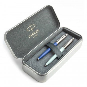 Parker Jotter Originals Blue ir Pastel Blue Tušinukų dovanų rinkinys su metaliniu dėklu