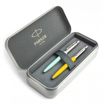 Parker Jotter Originals Mint ir Yellow Tušinukų dovanų rinkinys su metaliniu dėklu
