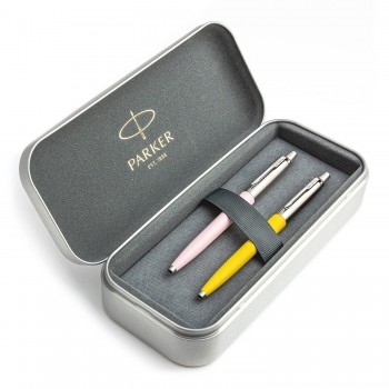 Parker Jotter Originals Pink ir Yellow Tušinukų dovanų rinkinys su metaliniu dėklu