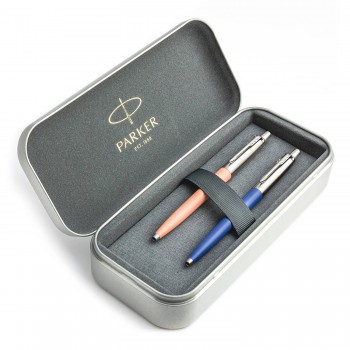 Parker Jotter Originals Powder Pink ir Blue tušinukų dovanų rinkinys su metaliniu dėklu