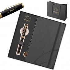 Dovanų rinkinys: „Parker Sonnet Black Lacquer GT“ (M) plunksnakotis su graviravimu / užrašų knygelė ir rankinė