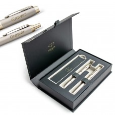 Parker IM Monochrome Champagne - plunksnakotis (F) + tušinukas su graviravimu elegantiškoje dėžutėje