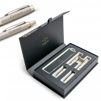 Parker IM Monochrome Champagne - tintes pildspalva (F) + pildspalva ar gravējumu elegantā kastītē